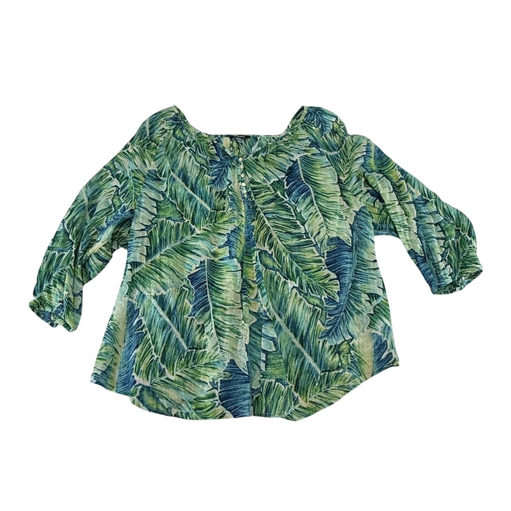 Chaps Denim Womens Green Blue Palm Leaf‎ Print Cotton Blouse Top